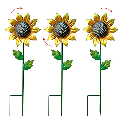 WAIU Metal Sunflower Flower Garden Stakes Wind Catcher Spinner Garden Stakes Garden Windmill Stakes Outdoor Wind Catchers Yard Decor Stakes Set of 3