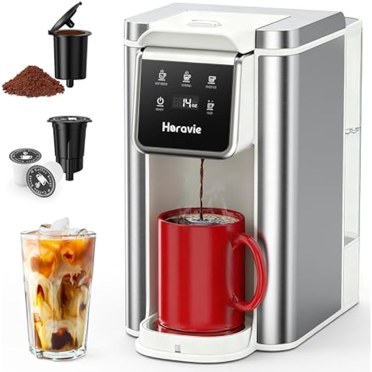 Horavie Single Serve Coffee Maker for K-Cup Pod & Grounds, Hot & Iced Coffee Maker, Strong Button Feature, 6 to 14oz Brew Sizes, 50oz Removable Reservoir, Fit 6.5 Mugs, Stainless Steel, White