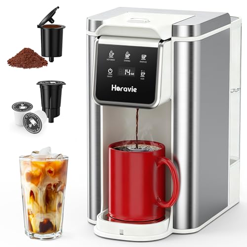 Horavie Single Serve Coffee Maker for K-Cup Pod and Ground, Hot & Iced Coffee Maker, Strong Button Feature, 6 to 14oz Brew Sizes, 50oz Removable Reservoir, Fit 6.5" Mugs, Stainless Steel, White by Horavie - Used condition - US$60.53