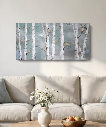 Image of Ejart Teal Wall Art Hand-Painted Landscape Forest Oil Painting on Canvas Original Framed Artwork Gold Bird Birch Tree Artwork 'White Birch at Night' for Living Room Bedroom Office Decor 32x16inch