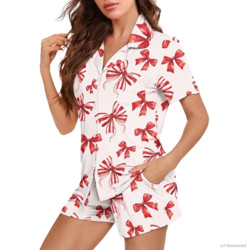 Image of Renewold Button Down Womens Pajama Set Short Sleeve Loungewear Bow Nightwear Sleepwear Night Suit Tops Shorts 2 Pieces