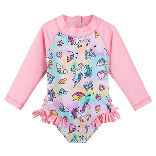 XFGIRLS Maillot de Bain Slip Une pièce à Manches Longues Anti-UV pour Fille de 0 Mois à 6 Ans,2-3 ans,Rose-Licorne Rose