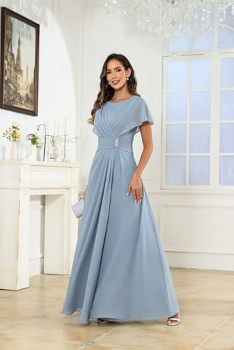 Mother of Bride Dresses for Women 2025 Scoop Neck Beaded Pleated Chiffon Classy Wedding Guest Gown with Sleeves4