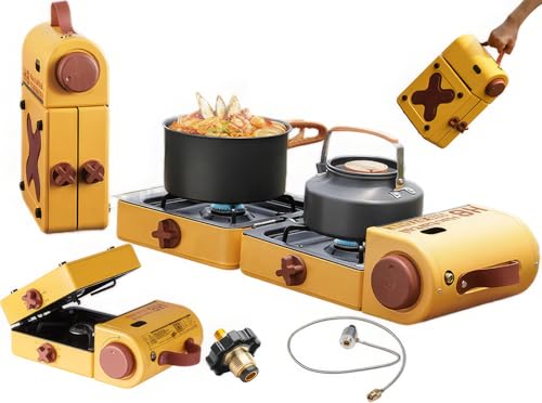 Estufa portátil de camping – quemador doble plegable con llamas ajustables e encendido piezoeléctrico, 2 cocinas de gas de 2300 W, ligera y fácil de llevar, compatible con combustible de isobutano
