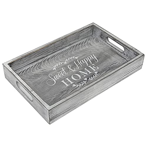 Emibele Rustic Wooden Tray with Handle, Decorative Rectangle Serving Tray Wood Platter Breakfast Tray for Ottoman Coffee Table Kitchen Living Room Bathroom Farmhouse Home Decor, 15.4 x 9.8 inch, Gray