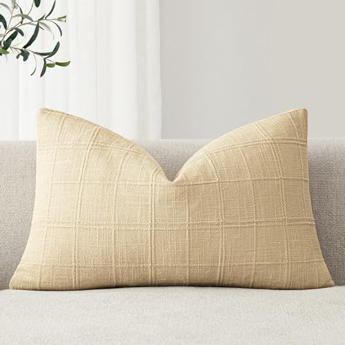 Image of Foindtower Set of 1 Decorative Linen Check Throw Pillow Cover Neutral Farmhouse Lumbar Cushion Cover Modern Boho Accent Home Decor for Sofa Chair Couch Bedroom Living Room,12x20 Inch,Light Yellow