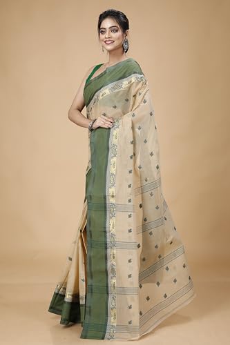 Image of Women's Traditional Bengal Tant Pure Cotton Design Border & Butta Tant Saree Without Blouse Piece
