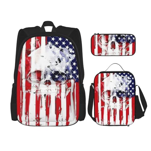 Sac à dos d'école lot de 3 avec motif tête de mort et drapeau américain taille unique noir