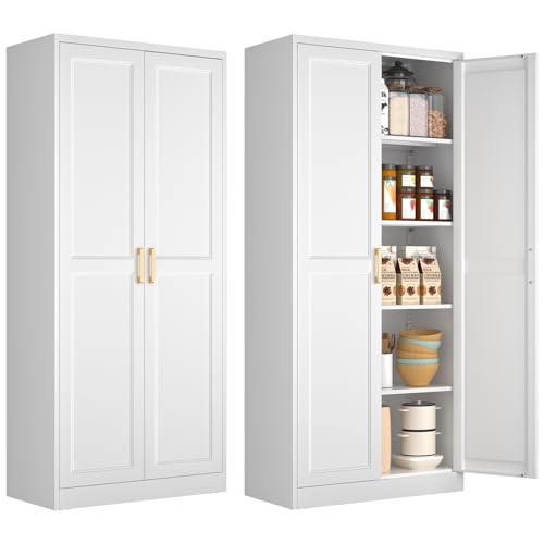 Polup White Kitchen Pantry Cabinet, 71 Inch Tall Metal Storage Cabinet with Doors and Shelves, Pantry Cabinets for Kitchen Storage, Freestanding Cupboard for Living, Dining Room, Assemble Required