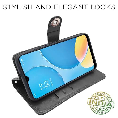 Image of Pikkme Oppo A15 / A15s Flip Cover Leather Finish | Inside TPU with Card Pockets | Wallet Stand and Shock Proof | Complete Protection Button Flip Case (Black)