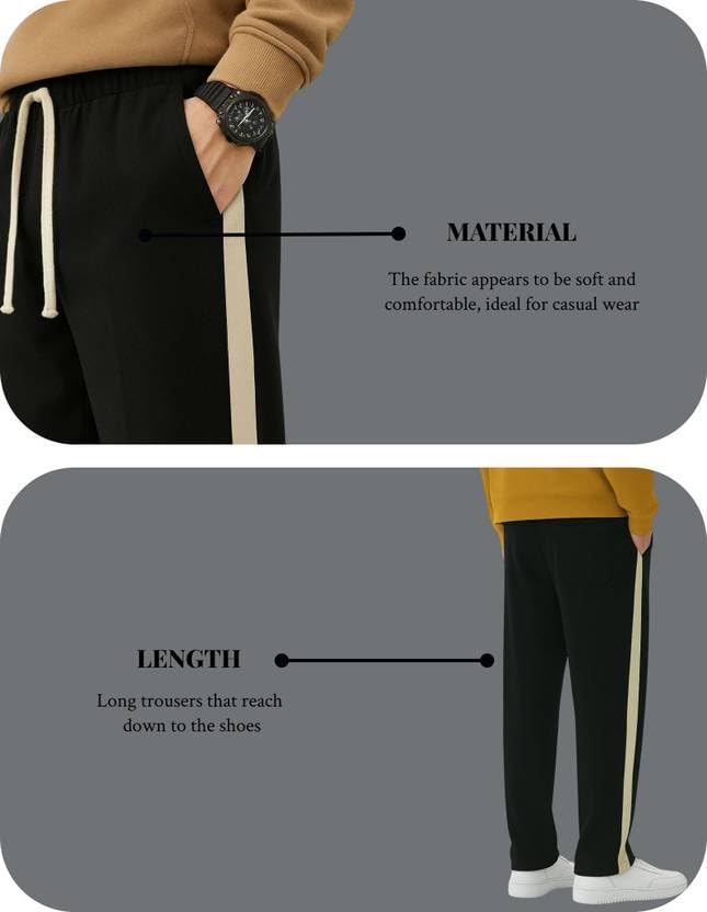 Image of Men's Cotton Blend Track Pants, Black with White Side Stripe, Drawstring Waist, Relaxed Fit Joggers