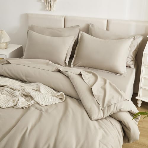 Litanika Super King Comforter Set Oatmeal - 7 Pieces Bed in a Bag Oversized King Bedding Comforter Sets, Solid Lightweight Bed Set with Comforter, Sheets, Pillowcases & Shams