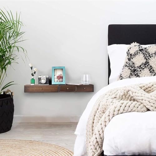 Image of Wood Floating Wall Mounted Drawers on a Floating Shelves with Drawers for Bedrooms, Living Rooms, and Displays Two Vintage Bedside Shelves (Pine) Wood (Brown)