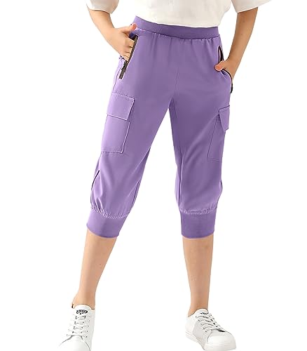 Image of DOUBLJU Lightweight Hiking Sweatpants Women Girls Kids Slightly Elastic Quick Dry Capri Cargo Jogger Athletic Workout Outdoor