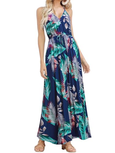 Image of HUSKARY Womens Summer Sleeveless V Neck Spaghetti Strap Pockets Beach Boho Vacation Casual Spring Maxi Dress