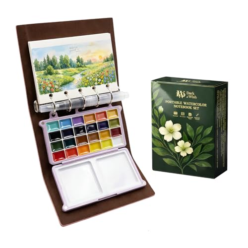 DarkWish Reiseaquarellkasten (Passgröße) - Profi Aquarell Set 24 Farben (+ 6 Metallic) & 300g Papier (Schwarz/Weiß) PU-Leder Ringbuch für Urban Sketching Plein Air & Künstler Geschenk