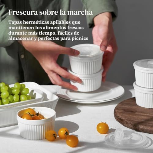 Miniatura 4 de Dowan Moldes Para Soufflé Con Tapas Set, 6 X 235 Ml Baking Moldes De Porcelana Para Hornear Crema Catalana Y Tartas, Cuencos De Postre, Apto Para Lavavajillas, Microondas Y Horno, Ø 10cm-Blanco