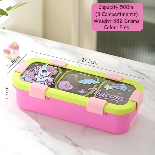 Image of Kids Stainless Steel Lunch Box | Leakproof Bento Tiffin Box with 3 Compartments | BPA Free Food Grade Lunch Box for Boys & Girls | Airtight School Tiffin Box with Cutlery Storage | 500ml