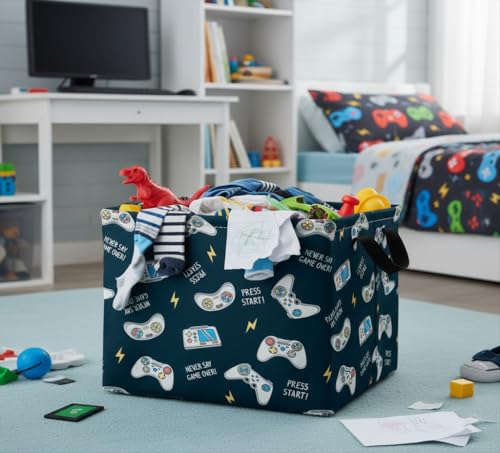 Image of Rectangular Valentines Basket Fabric Storage Bin Storage Boxes Collapsible Storage Basket for Clothes Books Shelves Basket(Blue Game)