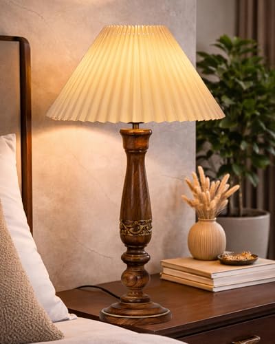 Image of Homesake Floral Carved Wood Table Lamp with Shade | Handcrafted Bedside Lamp, E27 Holder| Bulb Included |Warm Light Night Lamp, Bedroom, Living Room, Study & Home Decor, (Pleated Off-White)