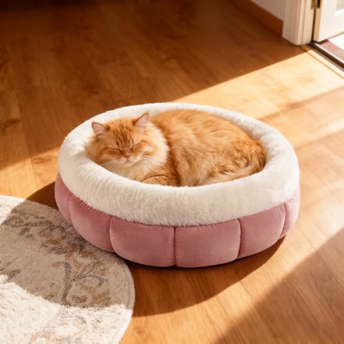 EDMIENS Katzenbett Klein, Katzenbett Flauschig Waschbar, Katzen Bett Indoor, Katzenkissen Rosa, Rund Katzenkörbchen mit Rutschfester Basis, Katzenschlafplatz für Katzen, Kleine Hunde, 45x45x16.5cm