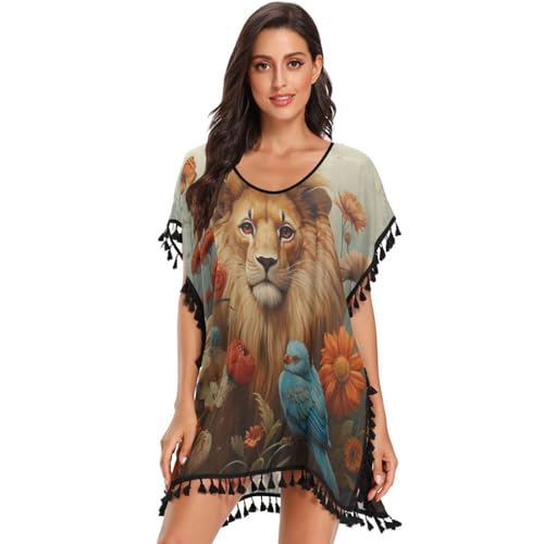 Elegant Art Lion Bird Women's Beach Cover Up Chiffon Tassel Swimwear Swimsuit Coverups for Girl