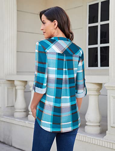 Image of Bulotus 3 /4 Length Sleeve Womens Striped Tops Zipper V Neck Collared Blouses Business Casual Tunics 2026 Spring Trendy