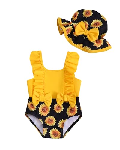 Image of NZRVAWS Newborn Baby Girl Swimsuit One Piece Toddler Girl Bathing Suit with Hat Ruffled Bikini Infant Girls Swimwear