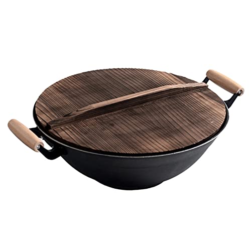 Sartén Wok de hierro fundido 14 pulgadas con tapa de madera
