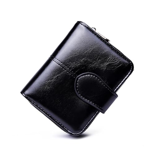 Vllcsla Wallet for Women Small Size, Cute Leather Wallet, Small Brown Leather Purses for Women, Ladies Short Purse Zipper Around Clutch, Purse with Photo Window & Zip Coin, Black