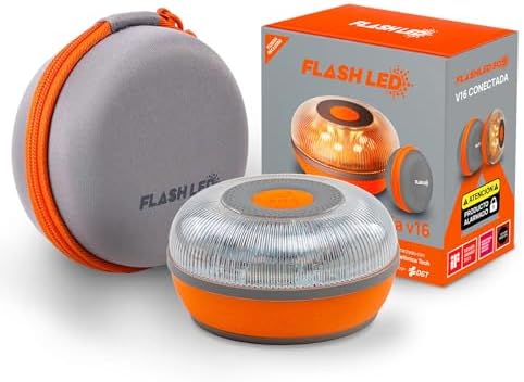 FlashLED SOS Luz Emergencia V16 Conectada Homologada, Autorizada por la DGT, Tarjeta SIM y SERVICIO DE DATOS HASTA 2038, Base Imantada, Resistencia al Agua y Polvo IP54, INCLUYE FUNDA