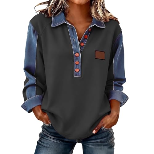 Lovraj Sudadera de manga larga para mujer, diseño de patchwork, con solapa, parte superior con botones