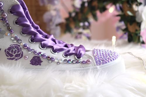 Flowers Quinceañera Party Shoes Sneakers for Girl Personalized Tennis Gift Mis XV Bling Zapatillas Decor Letter Shoes (6, Lila)4