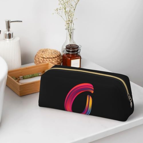 Image of Cute Initial Pencil Case for Kids Simple Leather Pencil Pouch for Boys Girls Letter Design Pencil Box Pen Bag Pencil Pouch Office Stationery Organizer, Rainbow Letter O