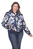 Women's Plus Size Classic Bomber Jacket with Zipper and Flowers Design on Navy - 1XL