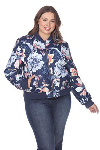 Women's Plus Size Classic Bomber Jacket with Zipper and Flowers Design on Navy - 1XL