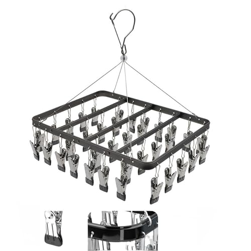 trrcylp Wäscheständer aus Metall mit 36 Clips, winddichter Haken, Faltbarer Wäscheklammer für Socken, BHS, Unterwäsche Kleiderbügel (Schwarz)