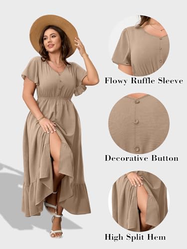 Image of RWJ Women Plus Size Maxi Dress V Neck Short Sleeve Button Trim Split Flowy Tiered Casual Long Dresses 2025 L-3XL