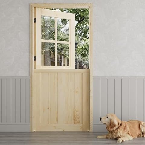 Exterior Prehung Dutch Door, 36" x 80", Universal 4 Lite Tempered Clear Glass Split Single Door, Solid Core Home Entry Door, Natural Pine Wood - with 4 Hinges & 1 Latch & Jamb, Jamb Assembly Needed Cover