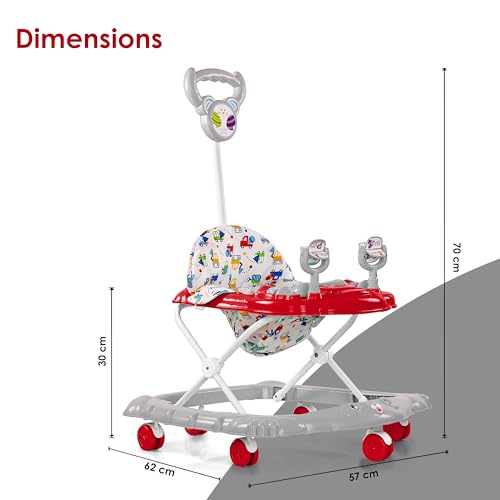Image of BabyGo Jonny Walker for 6-24 Months, Baby Walker with Push Handle & Activity Tray - Foldable Adjustable Height Infant Walker with Wheels, Music,Toy Bar and Comfotable seat (Red-Grey)