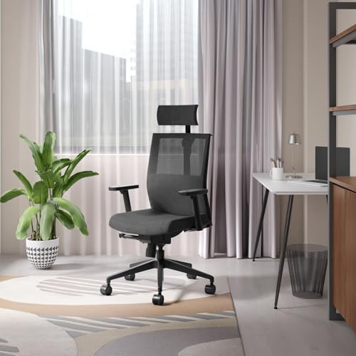 Image of Interio by Godrej Cross Half Mesh High Back Ergonomic Office Chair for Work from Home /Study, 1 Year Warranty, Height Adjustable Chair with Adjustable Armrest, Nylon Base (Black Ink)