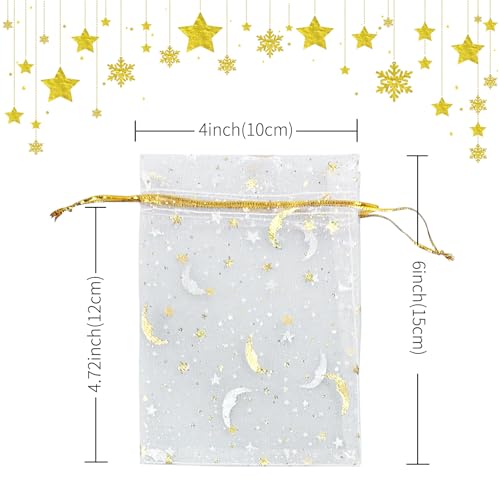 Image of YHJZ 100PCS Moon Star Organza Bags, 4x6 inches (10x15cm) Small Mesh Bags Drawstring, Jewelry Gift Bags for Wedding, Party, Festival, Makeup (White)