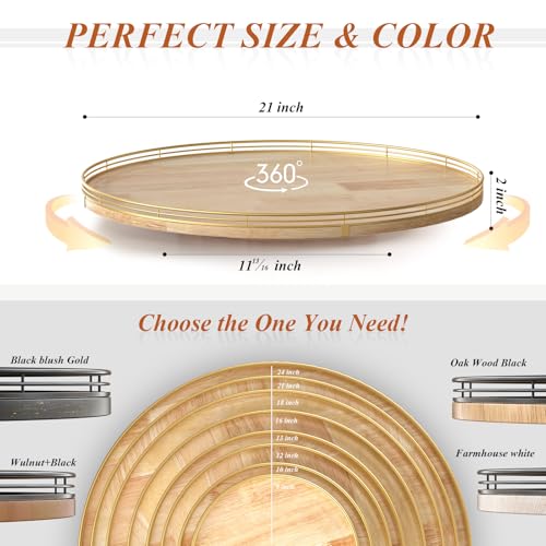 Image of 21-Inch Wooden Lazy Susan Turntable - Premium Oak & Iron, Extra Large Rotating Serving Tray for Dining Table, Kitchen Countertop, Farmhouse Decor, Spice Rack, Charcuterie & Entertaining