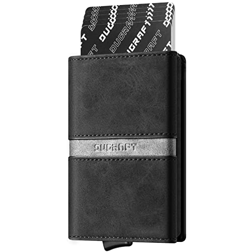 DUGRAFT Cartera Pequeña Hombre de Cuero, Tarjetero Pop-Up de Aluminio para Tarjetas de Crédito Bloqueo RFID, Ventana para DNI y Compartimento para Billetes, Negro