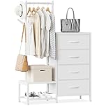 ODK 3 in 1 Chest of Drawers Bedroom, Including 4 Fabric Drawers, with a Sturdy Clothes Rail and 2 Coat Hooks, Double-layer Shoe Rack Design at the Bottom, Suitable for Bedroom and Entryway, White