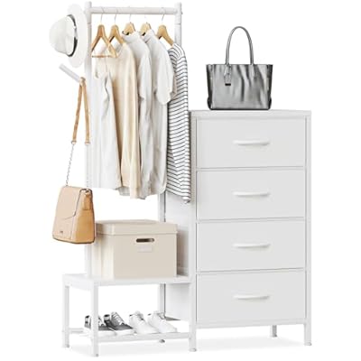 ODK Comoda Dormitorio 3 en 1, con Burro Ropa y 2 Ganchos para Abrigos, Zapatero de Doble Capa en la Parte Inferior, 4 Cajonera de Tela, Ideal para Dormitorio y Pasillo, Blanco | Ya disponible en tu tienda friki favorita! En mundofriki.es!
