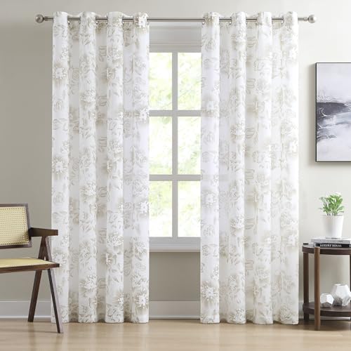 Image of Warm Home Designs 63 Inch Embroidered Brown Floral Curtains. FL Linen 63 | Sheer Printed Modern Farmhouse Flower Curtains. Embroidered, Textured Floral Drapes for French, Country or Floral Decor.