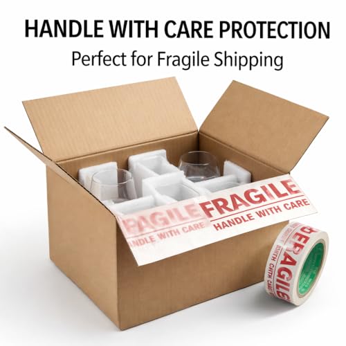 Image of Fragile Packing Tape | Pack of 6 Rolls | 48 mm / 2 Inch x 65 Meter BOPP Adhesive Tape | Heavy Duty Red & White Warning Tape for Fragile Parcels E-Commerce &