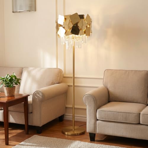 Image of Floor Lamp 3-Color CCT (Warm + Natural + Cold White) Gold Metal & Crystal Shade Standing Lamp for Living Room Bedroom Home Decor
