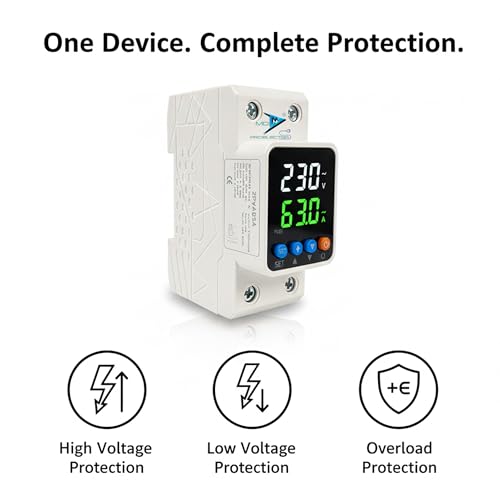 Image of MD Proelectra Automatic Digital Over /under Voltage and Over load Current Protector with adustable setting and Auto Re-Connect, 63A, 240V, DIN Rail Mount with LED Display (15KW)